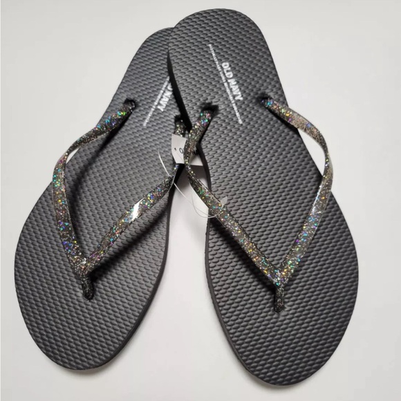 NWT Old Navy Flip Flops Sparkly Top Black Glitter Beach Thong Sandals for Women - Picture 3 of 4